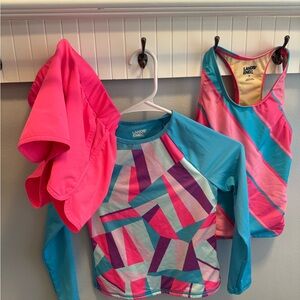 Lands' End Girls' Pink, Teal & Purple Geometric Rashguard Set